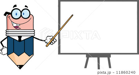 Business Pencil Character With Pointer Presenting On A Board Business Pencil Character With Pointer Presenting On A Board 11860240
