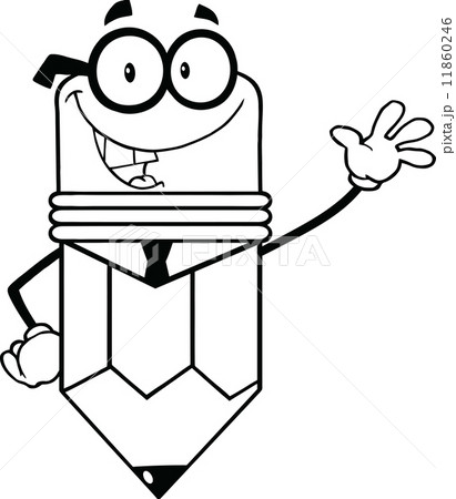 Outlined Business Pencil Character Waving For Greeting Outlined Business Pencil Character Waving For Greeting 11860246
