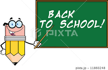 Happy Pencil Teacher Character With A Pointer In Front Of Chalkboard With Text 11860248