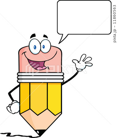 Pencil Character Waving For Greeting With Speech Bubble 11860563