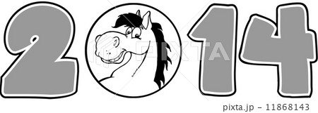 2014 Year Cartoon Numbers With Horse Face Over A Circle In Gray 11868143