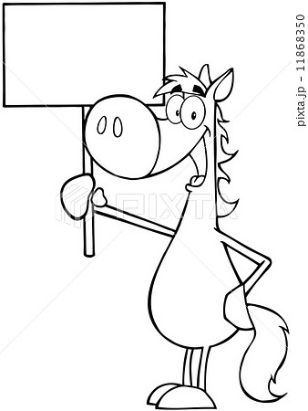 Outlined Happy Horse Holding Up A Blank Sign 11868350