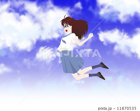 ジャンプする女子学生 青空背景のイラスト素材