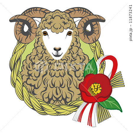15年賀素材 羊 椿と和飾りのイラスト素材