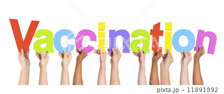 Multiethnic Arms Raised Holding Text Vaccination Multiethnic Arms Raised Holding Text Vaccination 11891892