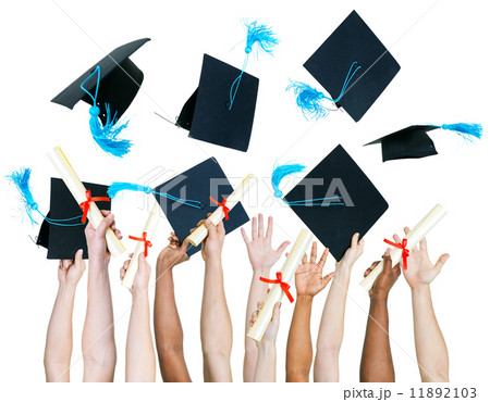 Multi-ethnic group of people holding certificate and throwing gr 11892103