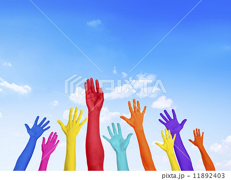Colorful Hands Raised With Blue Sky Colorful Hands Raised With Blue Sky 11892403