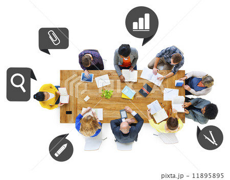 Group of Business People in a Meeting with Speech Bubbles Group of Business People in a Meeting with Speech Bubbles 11895895