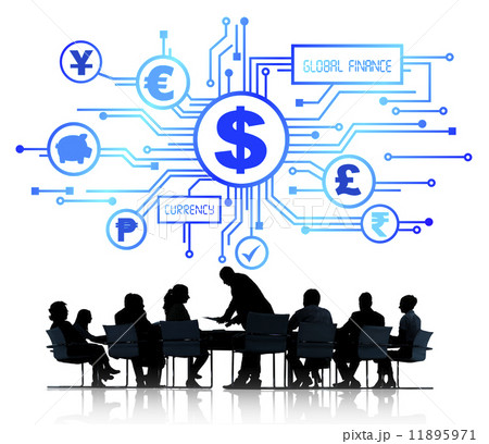 Business People in a Meeting and Global Finance Symbols Above Business People in a Meeting and Global Finance Symbols Above 11895971