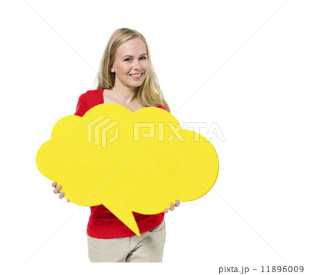Casual Woman Holding Speech Bubble Casual Woman Holding Speech Bubble 11896009