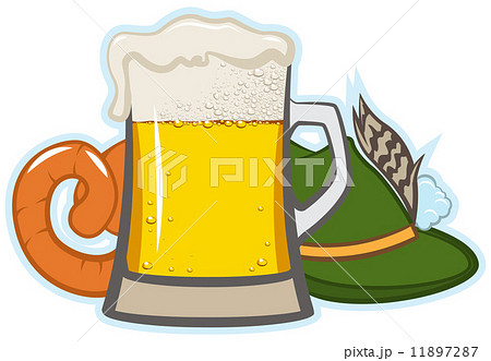 A glass of beer, hat with feather and sausage 11897287