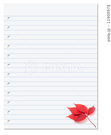 Notebook paper with red autumn virginia creeper leaf in corner 11900978