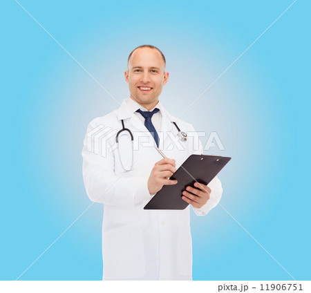smiling male doctor with clipboard and stethoscope 11906751