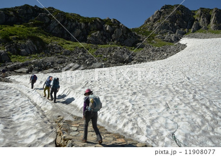 晩夏でも残る雪渓を行く登山者 晩夏でも残る雪渓を行く登山者 11908077
