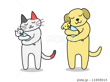 赤ちゃんを抱く犬と猫のイラスト素材