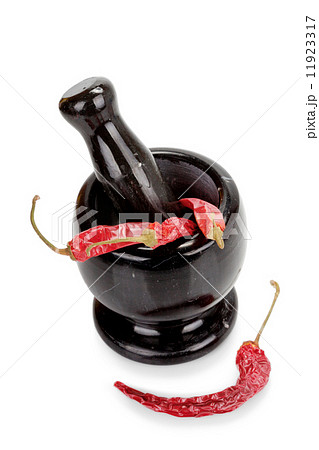 Black marble mortar and pestle with red chilli pepper isolated Black marble mortar and pestle with red chilli pepper isolated 11923317