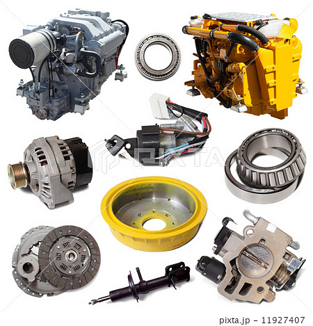 two motors and automotive parts. Isolated over white two motors and automotive parts. Isolated over white 11927407