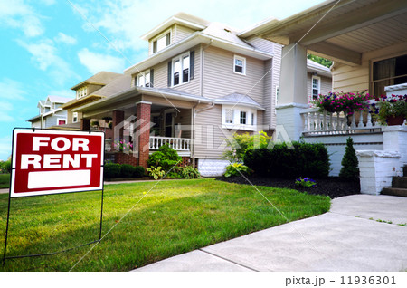 Home For Rent Sign in Front of Beautiful American House 11936301