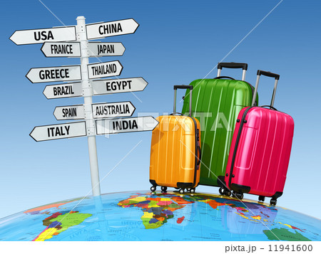 Travel concept. Suitcases and signpost with countries. 11941600