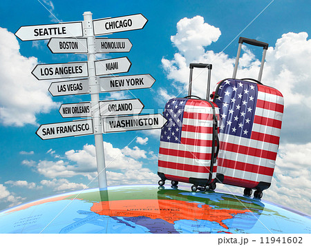 Travel concept. Suitcases and signpost what to visit in USA. 11941602