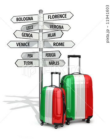 Travel concept. Suitcases and signpost what to visit in Italy. 11941603