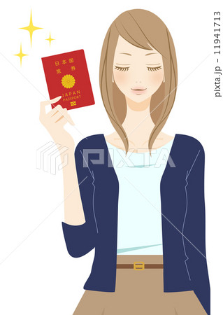 パスポートを持った笑顔の女性のイラスト素材