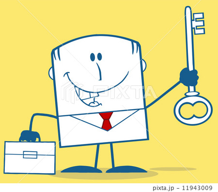 Businessman With Briefcase Holding A Big Key Monochrome Character On Yellow Background Businessman With Briefcase Holding A Big Key Monochrome Character On Yellow Background 11943009