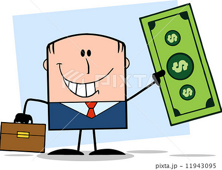 Lucky Businessman With Briefcase Holding A Dollar Bill Character On Background 11943095