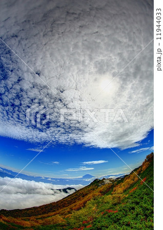 南アルプス・鳳凰三山観音岳の鱗雲と富士山（魚眼レンズ撮影）の写真