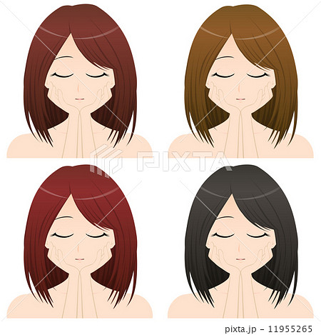 両手を頬にあてる女性 上半身・正面イラスト　髪の色違い4カット 11955265
