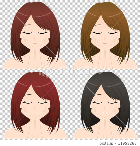 両手を頬にあてる女性 上半身・正面イラスト　髪の色違い4カット 11955265