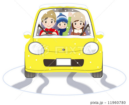 家族と普通自動車 冬 雪ありのイラスト素材