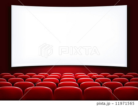 Rows of red cinema or theater seats in front of white blank scre 11971565