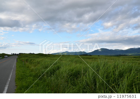 広大な阿蘇カルデラを行くやまなみハイウエー 11975631