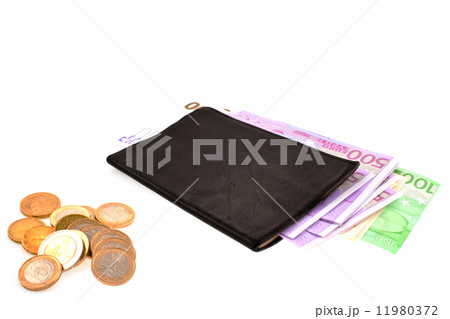 euro's banknotes in black purse and coins 11980372