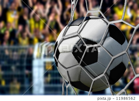 Ball in Goal Net with Cheering Spectators 11986562