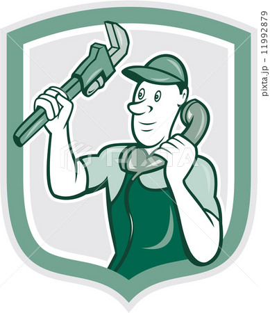 Plumber Monkey Wrench Telephone Shield Cartoon 11992879