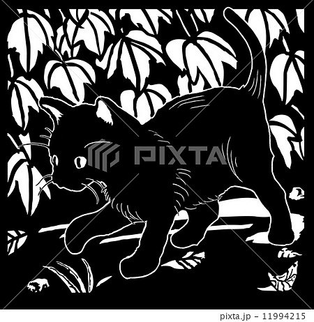 黒猫 ネコ ねこ 猫 白黒 かわいい イラスト シルエット 背景 ハロウィン 切り絵 蔦 葉のイラスト素材