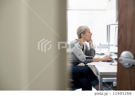 A woman working in an office alone. Focusing on a task, using a computer. A woman working in an office alone. Focusing on a task, using a computer. 11995266