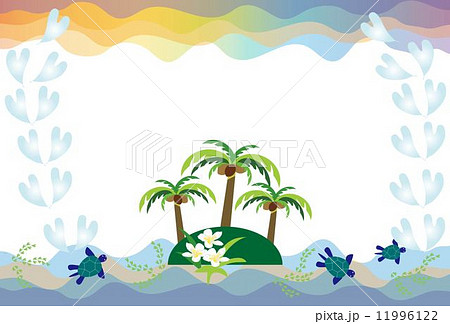 ハワイの夕暮れの海とヤシの木とウミガメのイラストのイラスト素材