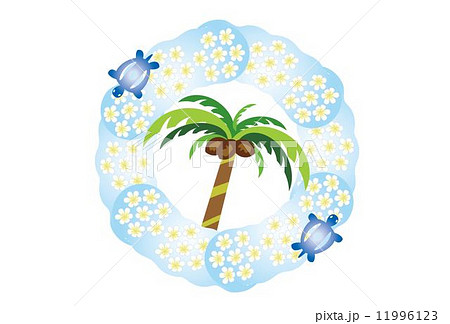 ハワイの海とヤシの木とウミガメのイラストのイラスト素材