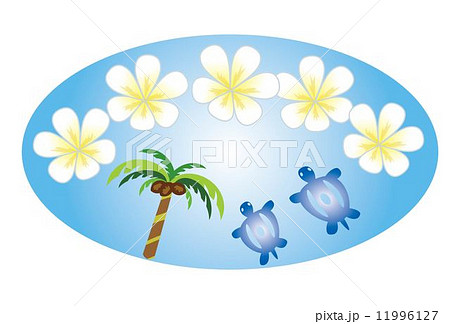 ハワイの海とヤシの木とウミガメのイラストのイラスト素材