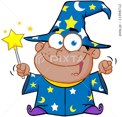 Happy African American Wizard Boy Waving With Magic Wand Happy African American Wizard Boy Waving With Magic Wand 11998712