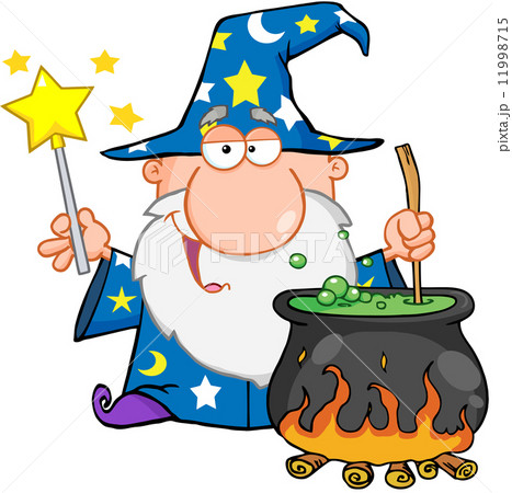 Funny Wizard Waving With Magic Wand And Preparing A Potion Funny Wizard Waving With Magic Wand And Preparing A Potion 11998715