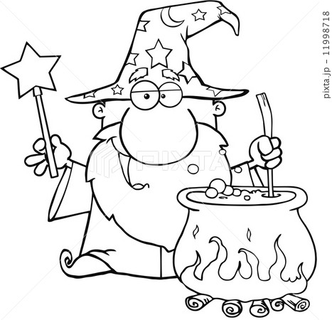 Outlined Wizard Waving With Magic Wand And Preparing A Potion Outlined Wizard Waving With Magic Wand And Preparing A Potion 11998718