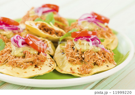 Panuchos - Mexican corn tortillas filled with refried beans and topped with shredded chicken., 11999220