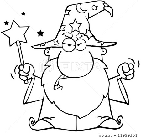 Outlined Angry Wizard Waving With Magic Wand 11999361