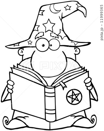 Outlined Funny Wizard Holding A Magic Book 11999365