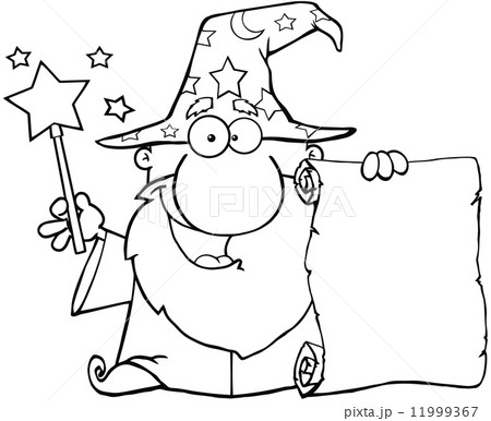 Outlined Funny Wizard Waving With Magic Wand And Holding Up A Scroll Outlined Funny Wizard Waving With Magic Wand And Holding Up A Scroll 11999367