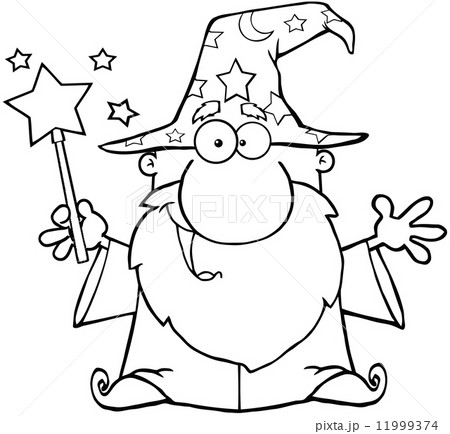 Outlined Funny Wizard Waving With Magic Wand 11999374
